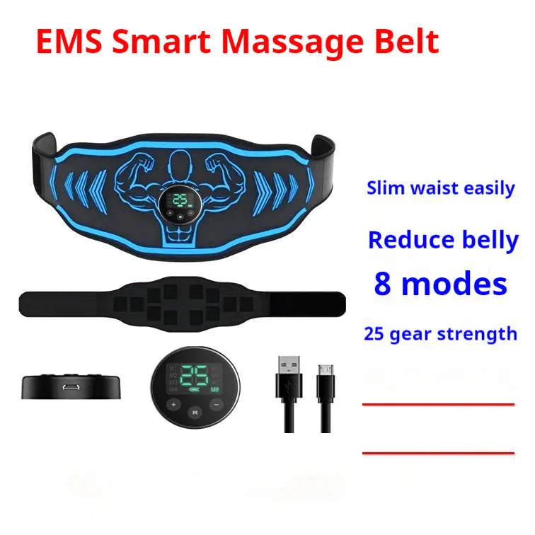 Blue and orange EMS smart massage belt with arm stickers and rechargeable host unit