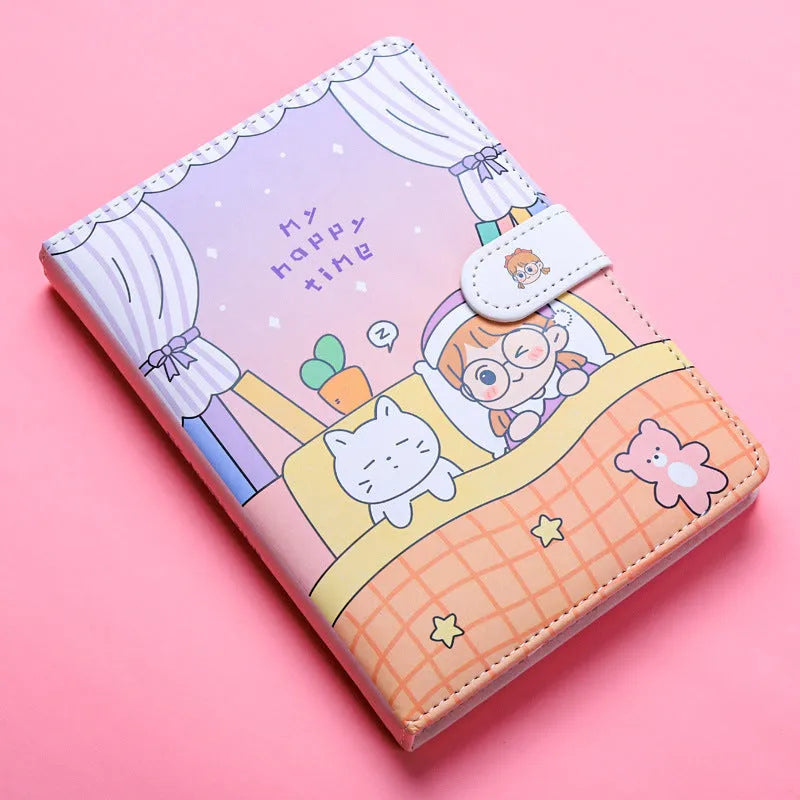 Small white notebook with magnetic buckle showing Kaba Bear Hippo design on PU leather cover