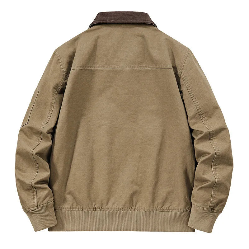 Men's beige washed cotton baseball jacket shown on a model, plus sizes up to 5XL.
