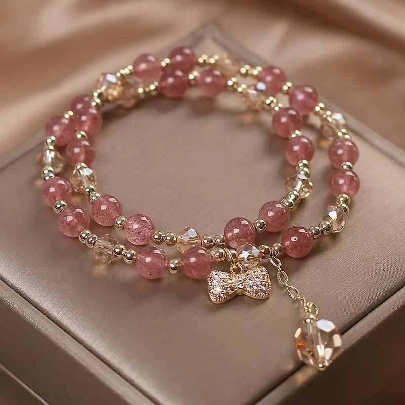 Fairy style natural strawberry quartz bracelet women's double layer gold U-shaped crystal jewellery