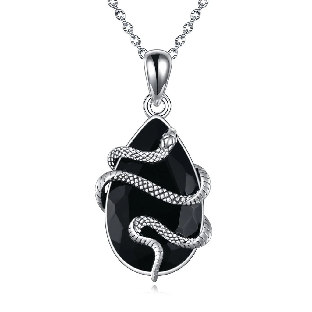 Sterling silver snake necklace with black obsidian and tourmaline teardrop crystal on an 18-inch cable chain