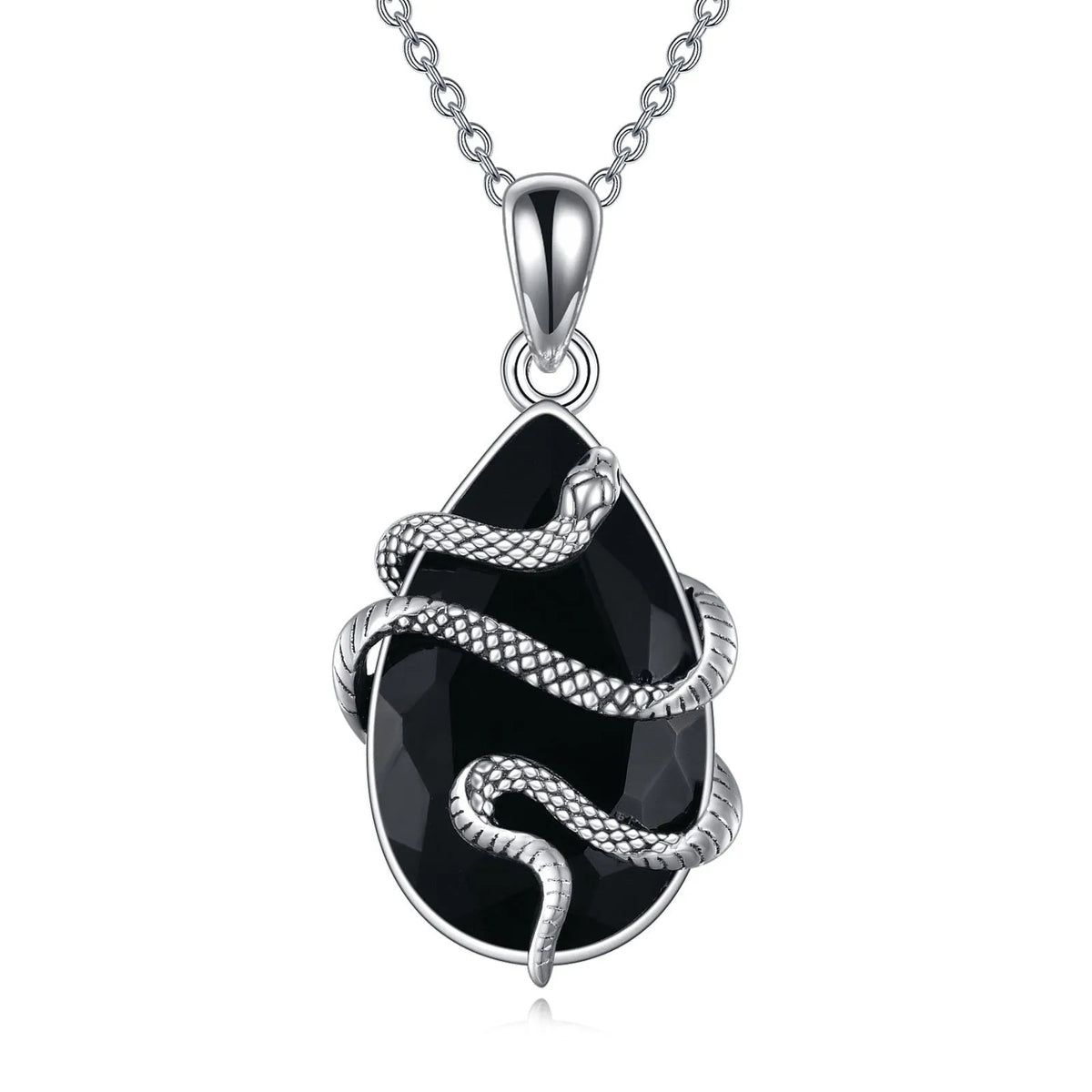 Sterling silver snake necklace with black obsidian and tourmaline teardrop crystal on an 18-inch cable chain
