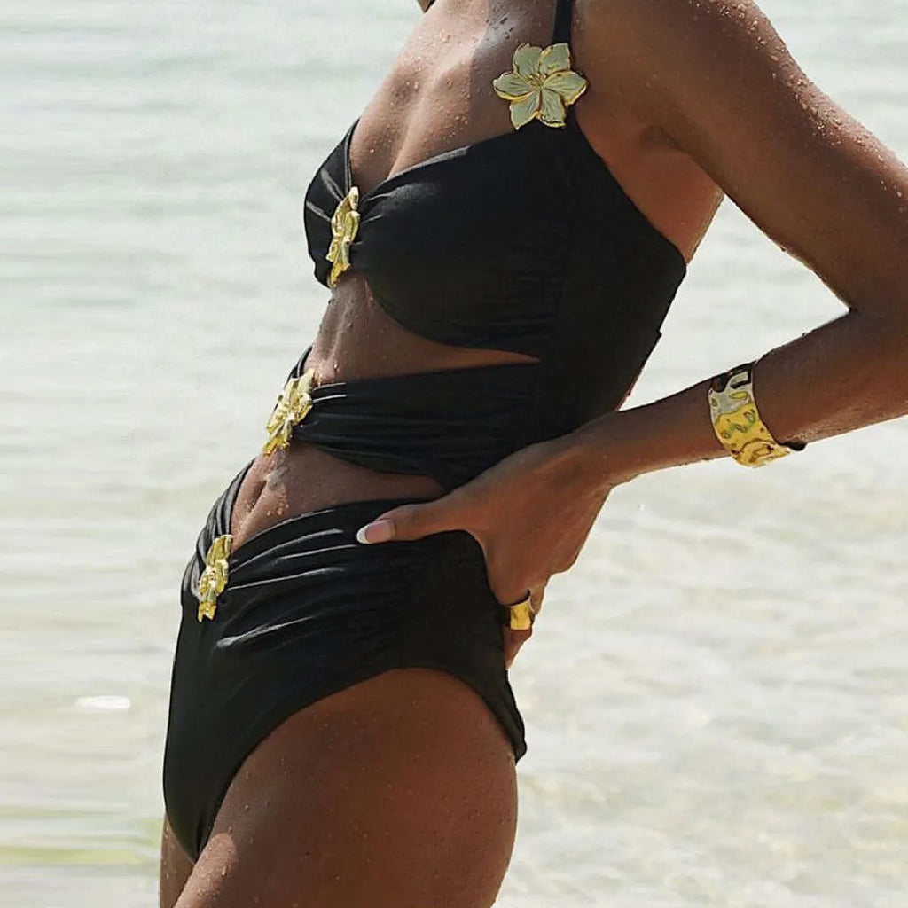 Women's solid colour one-piece swimsuit with hollow-out tube top and matching short skirt