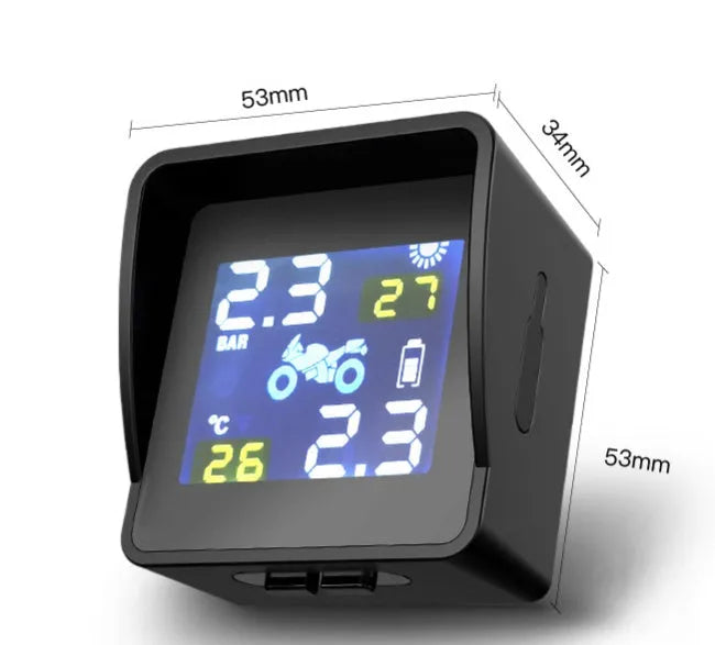 Black solar motorcycle tire pressure monitor with digital display and PC casing, 0.1-6.0BA range