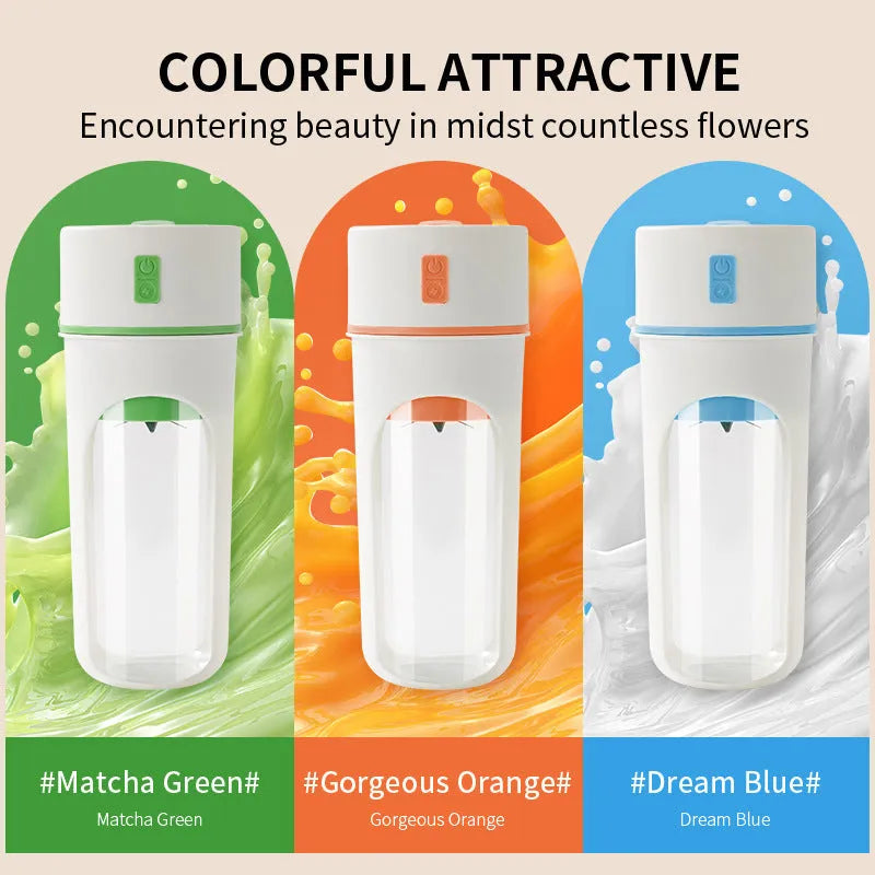 Portable USB electric juicer with 400ml PC food-grade plastic cup, available in blue, green or orange.