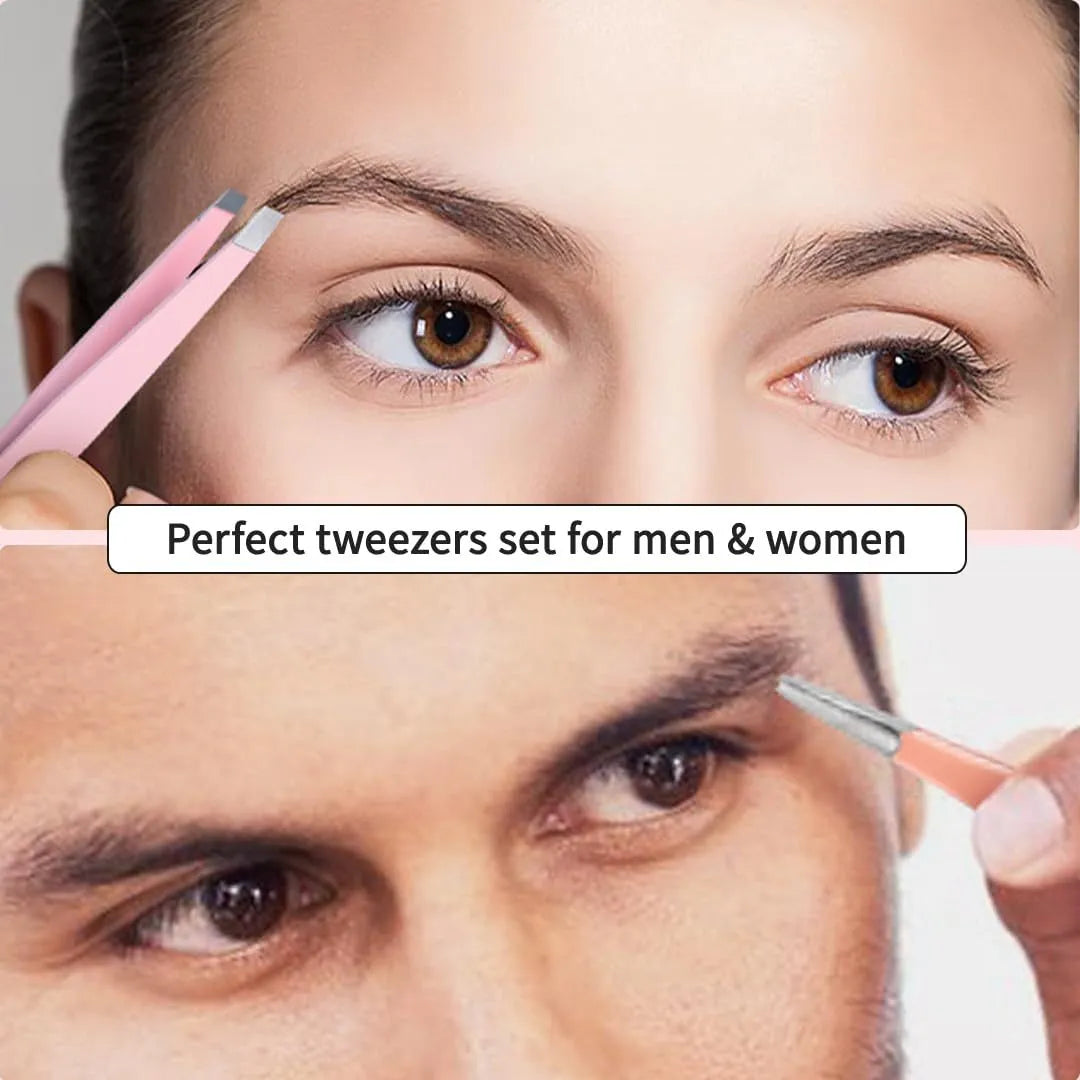Six-piece stainless steel eyebrow tweezers set with leather case, showing four tweezers, scissors, and a brush.