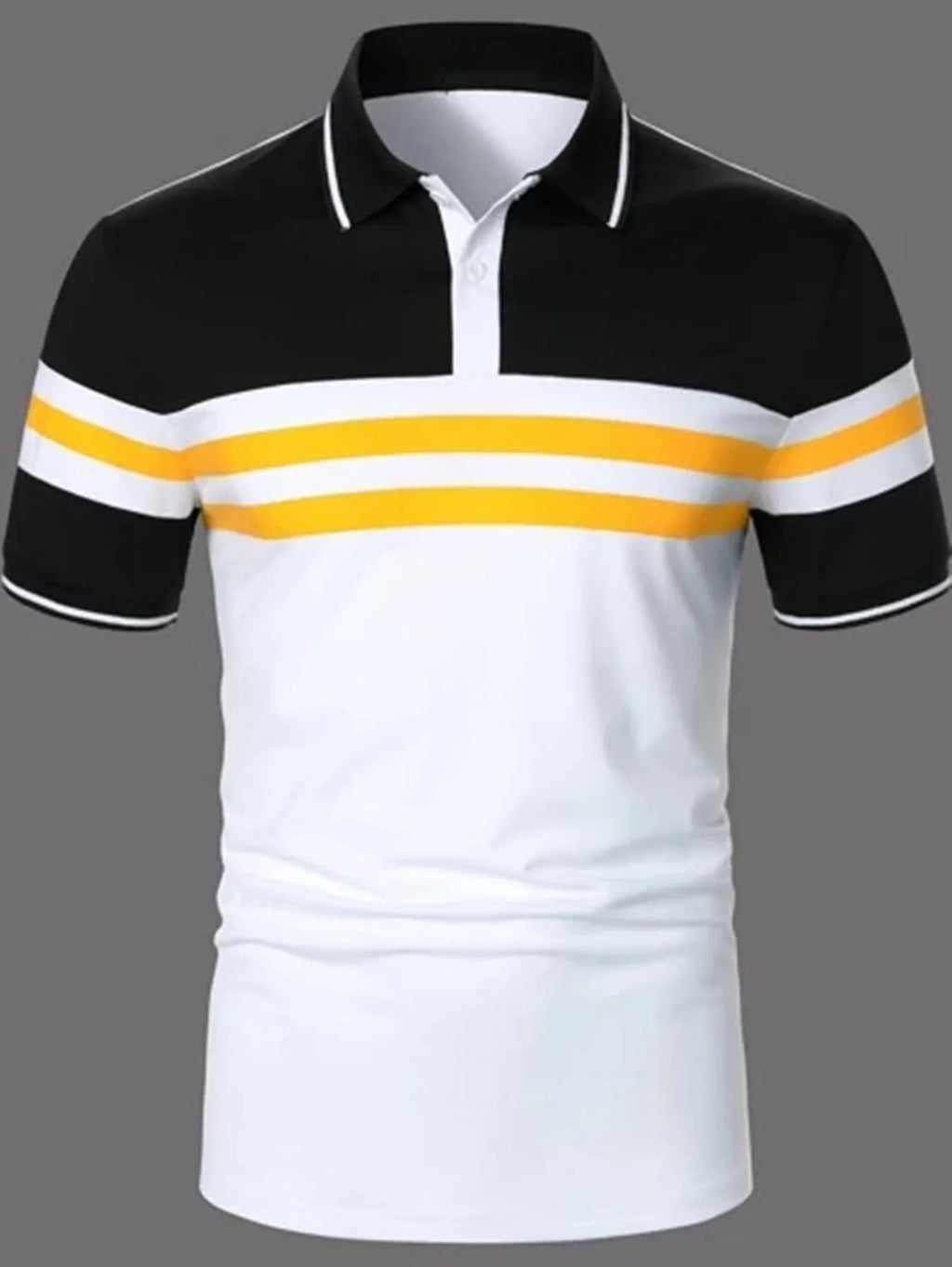 Men's striped white short sleeve button polo shirt with slim fit and slit hem