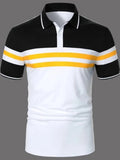 Men's striped white short sleeve button polo shirt with slim fit and slit hem