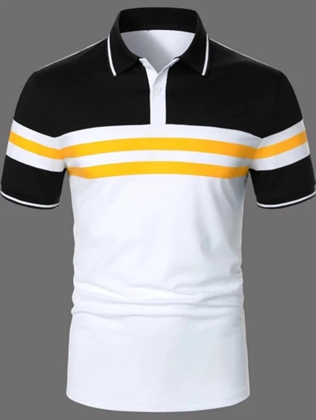 Men's striped white short sleeve button polo shirt with slim fit and slit hem