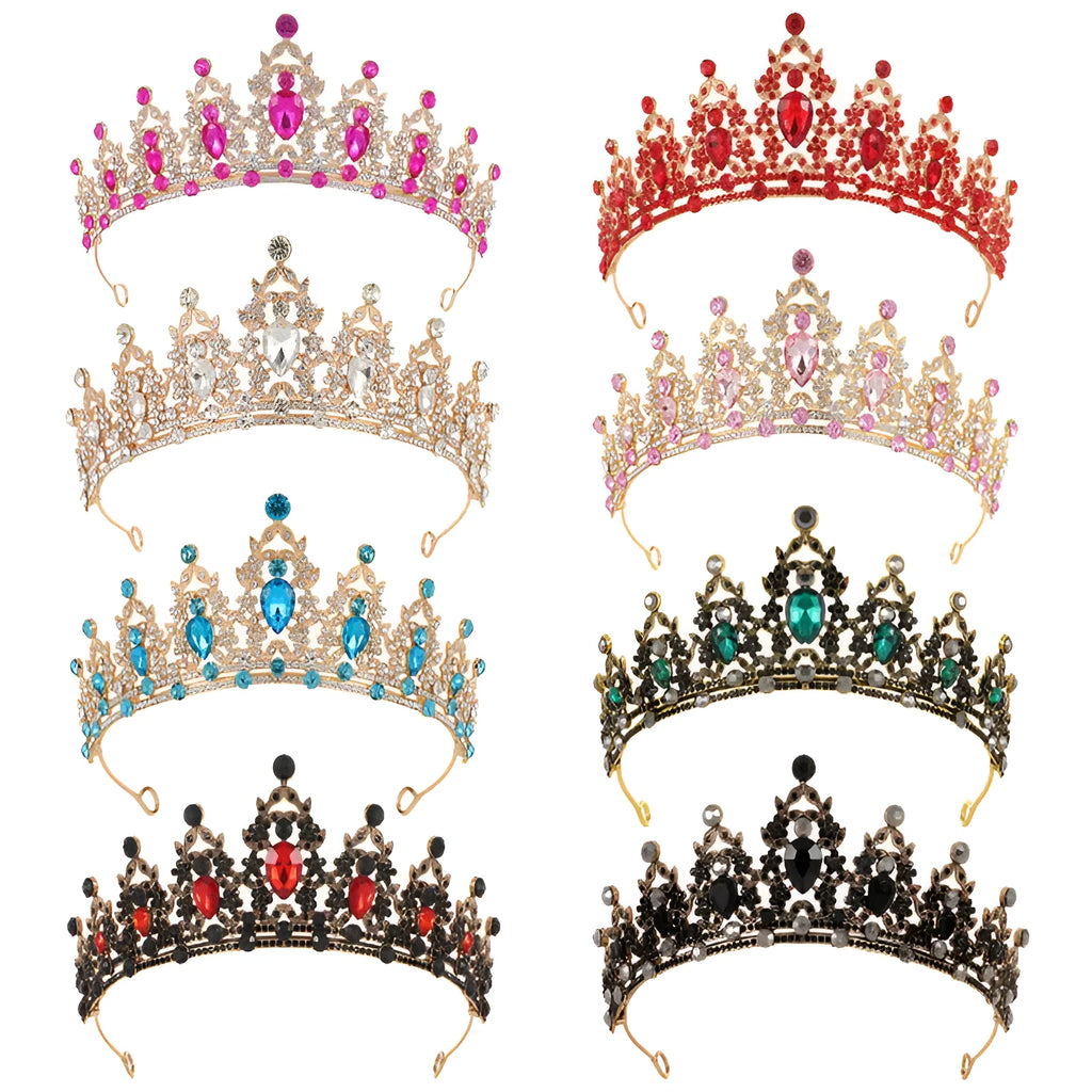Baroque bridal crown headdress made from alloy with diamond-set rhinestones in silver or KC gold tones.