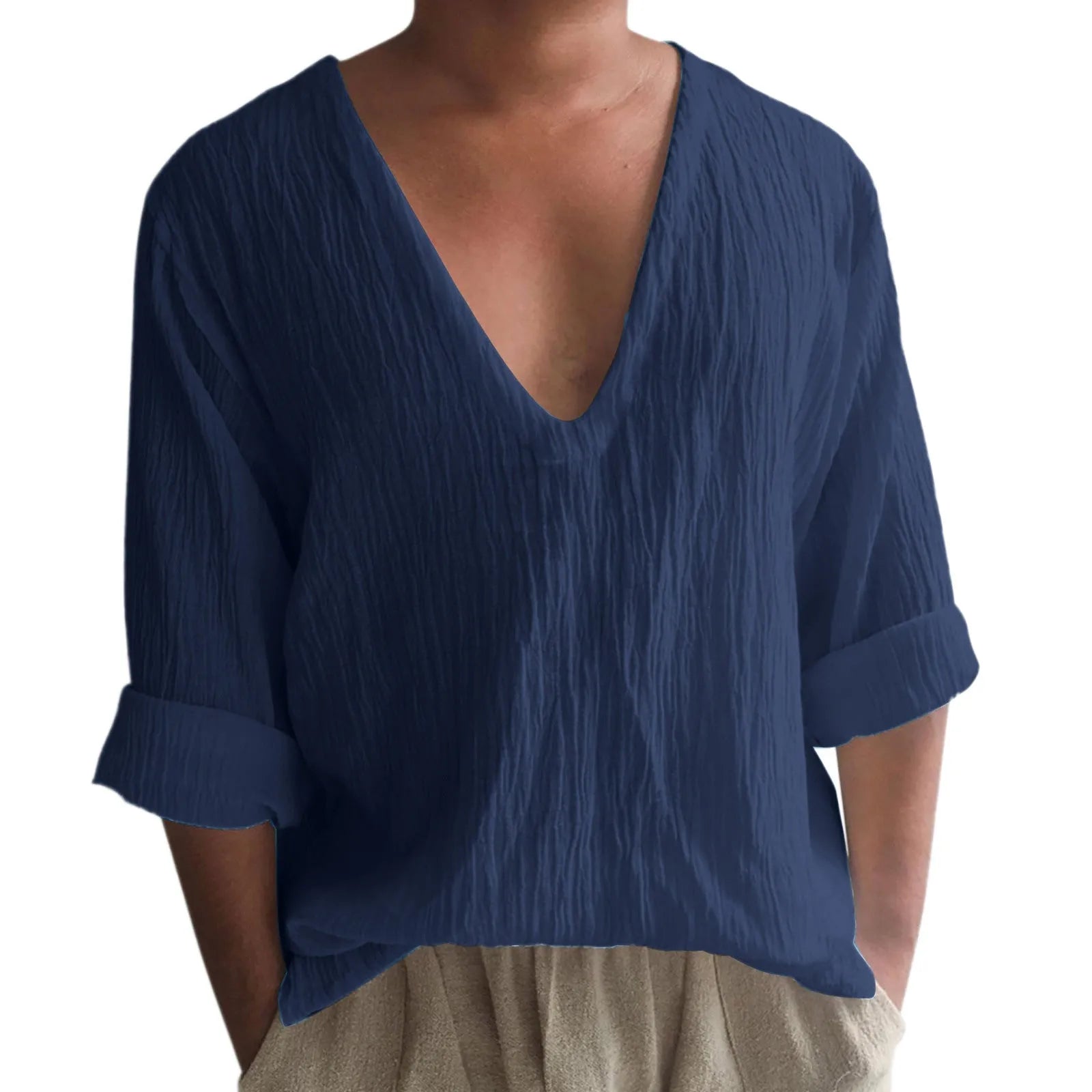 Men's washed cotton long sleeve V-neck T-shirt in solid colours showing British style details