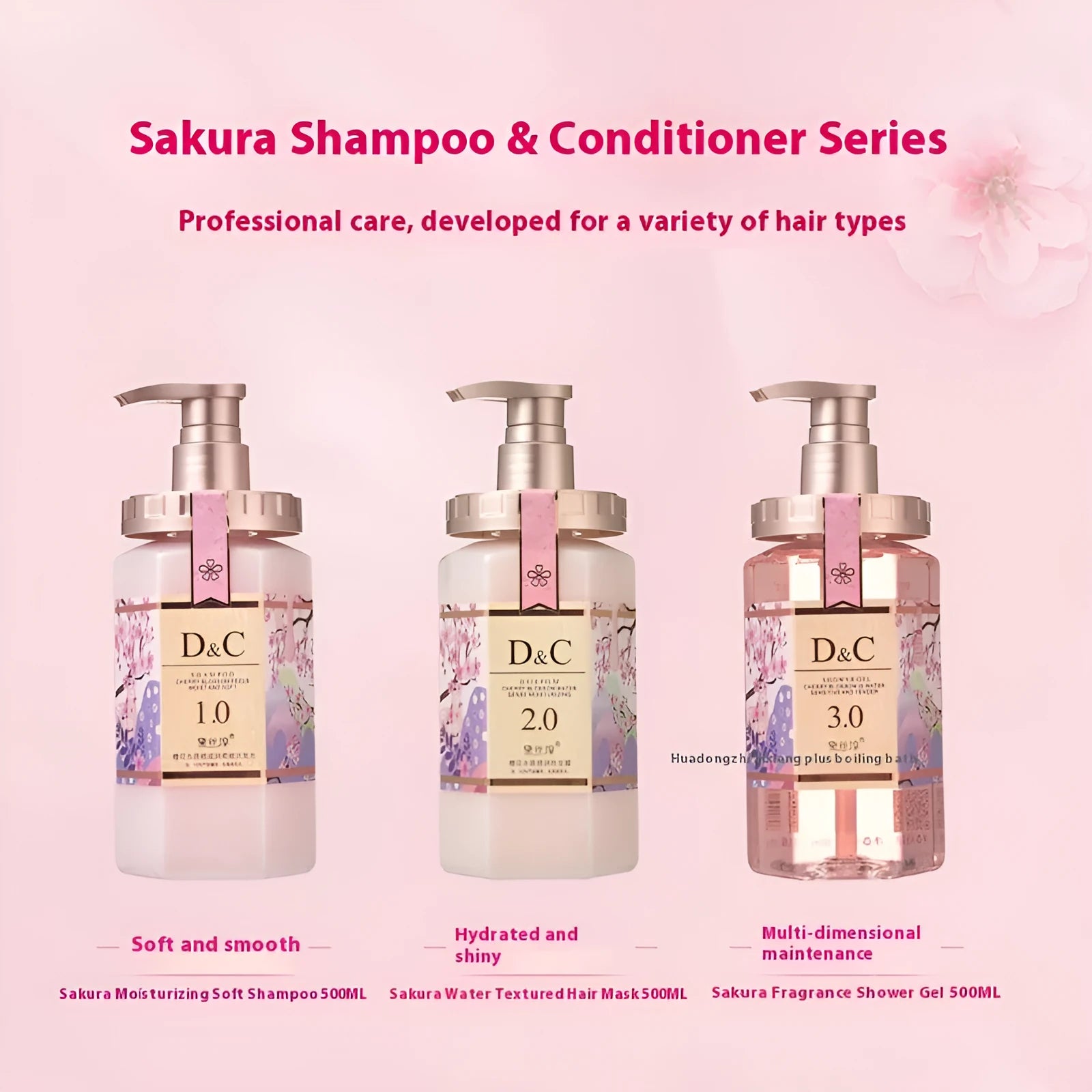 Sakura Cherry Blossom Shampoo, Hair Conditioner, and Shower Gel 500ml bottle set.