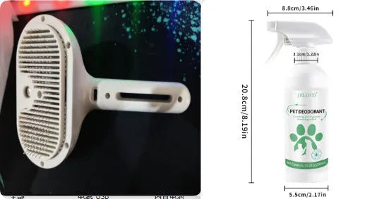 White self-cleaning pet comb with misting function and angled bristles on a light background