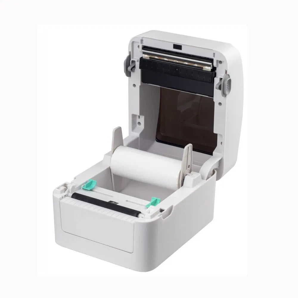 Thermal barcode printer with USB interface, 25.4-118mm print width, 215x178x155mm space-saving body, one button and two indicator lights.
