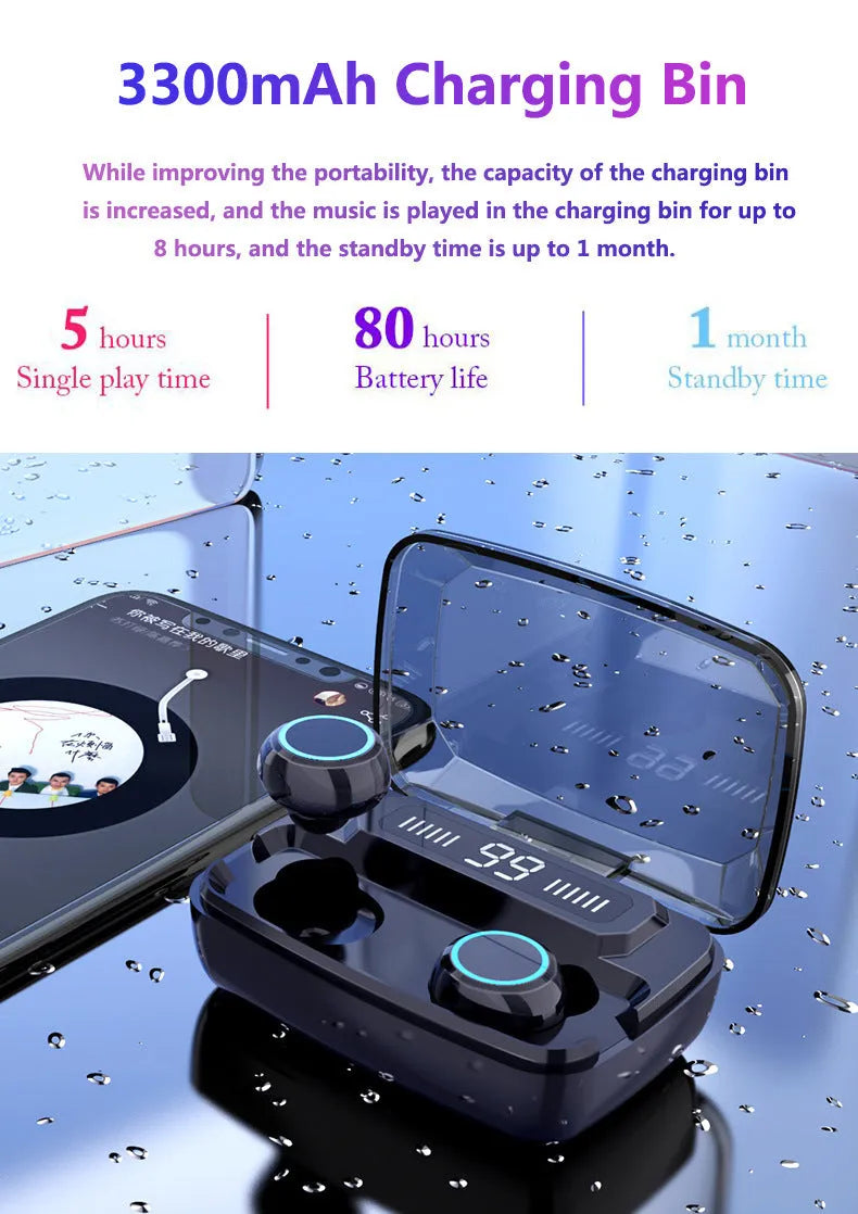 Black M11 Bluetooth wireless headset with digital display and mobile phone holder.
