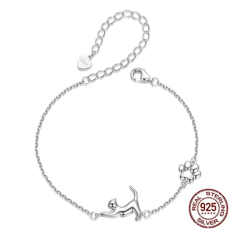 S925 sterling silver cat pendant bracelet for women, silver chain with cat charm