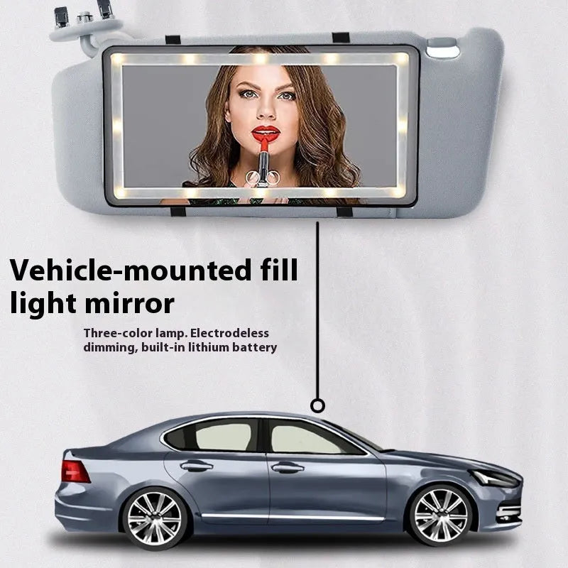 Automotive sun louver mirror with LED touch lamp on car co-driving sun visor, 260 x 135 x 9 mm, black light bar option