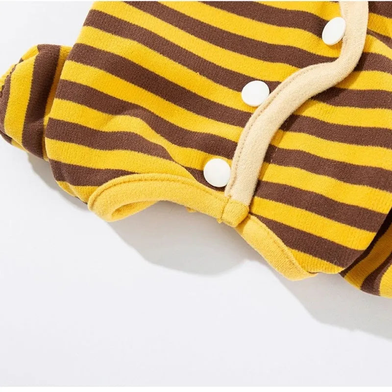Yellow dog pajamas with bee pattern and lapel on small dog standing indoors