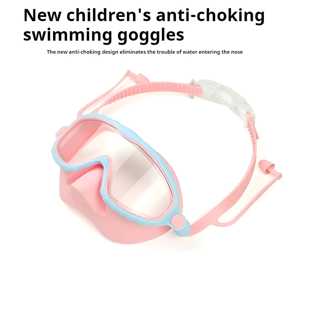 Children's anti-fog swimming goggles with large frame and HD lens in blue pink colour option, boxed