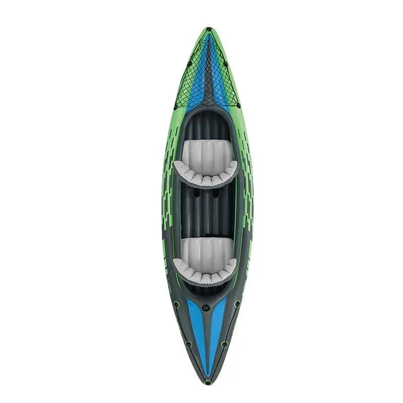 Inflatable two person kayak with PVC hull, double seat, air pump and paddle, 180kg capacity