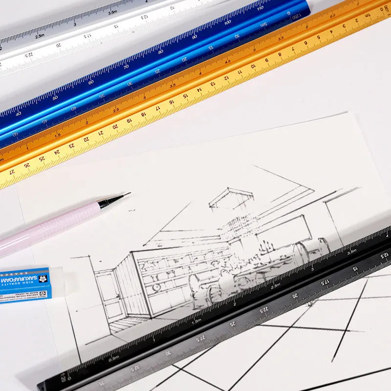 30cm triangular ruler in plastic and aluminium alloy, carbon black or prism blue scale tool