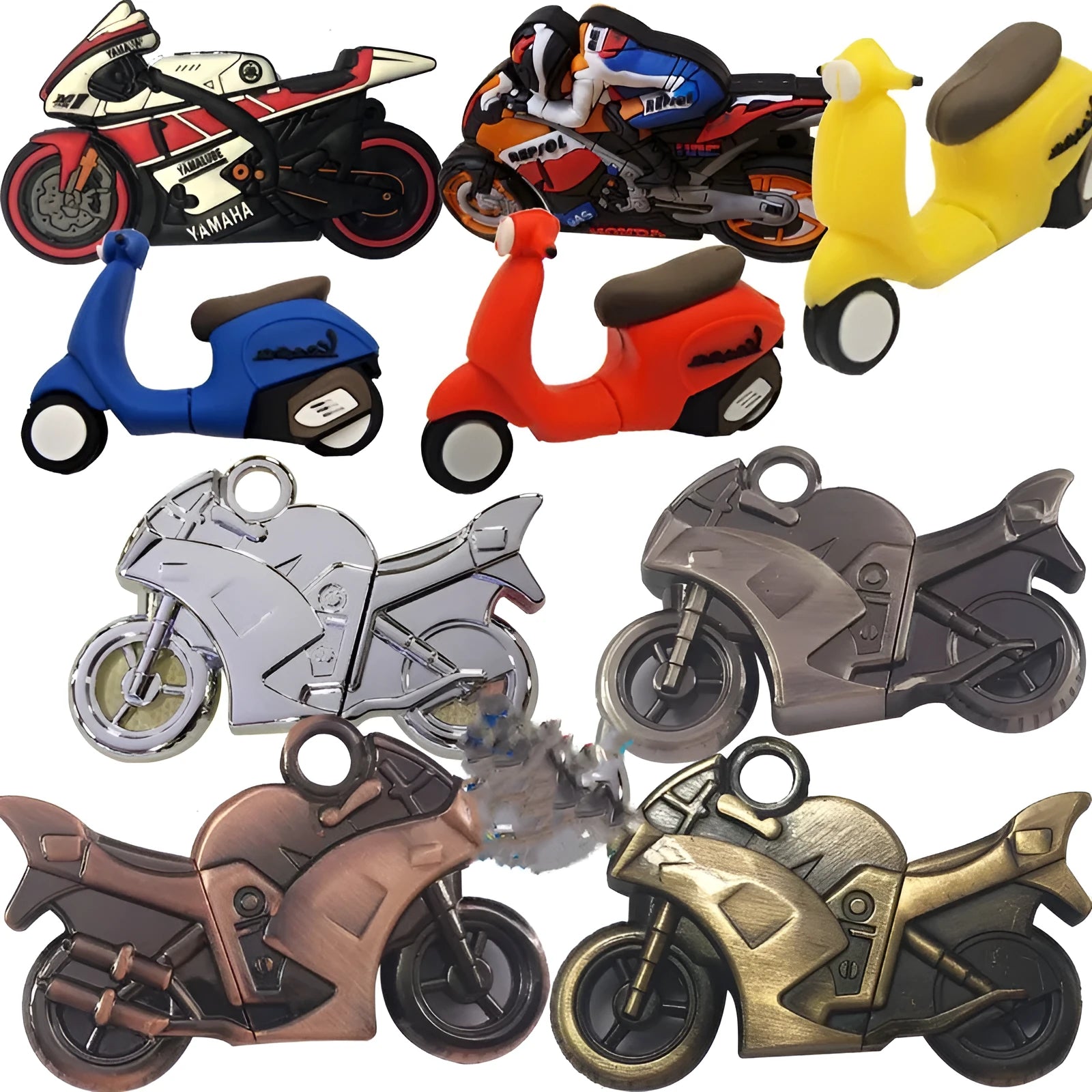 Metal USB 3.0 vehicle-shaped flash drive with necklace loop in silver, displaying scooter design on a white background