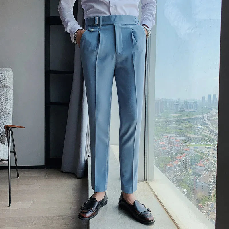 Men's straight-leg casual trousers in a solid colour, laid flat to show the fit and detailing.