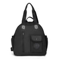 Lightweight large capacity nylon backpack for women in black, khaki, or green letters, showing sandwich pocket.