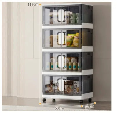 PP foldable storage locker with wheels in white finish showing multiple shelf layers and door configuration