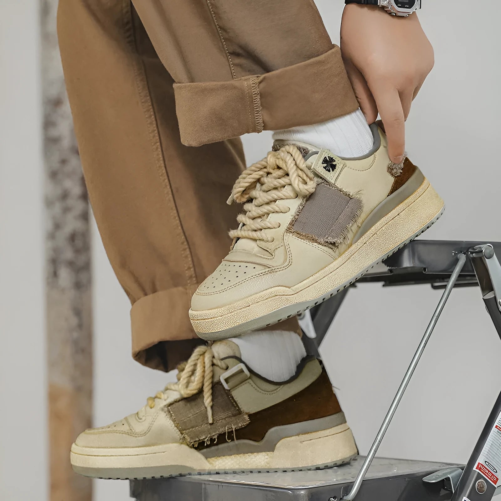 Beige low-top vintage skateboard shoes with microfiber upper and flat rubber sole.