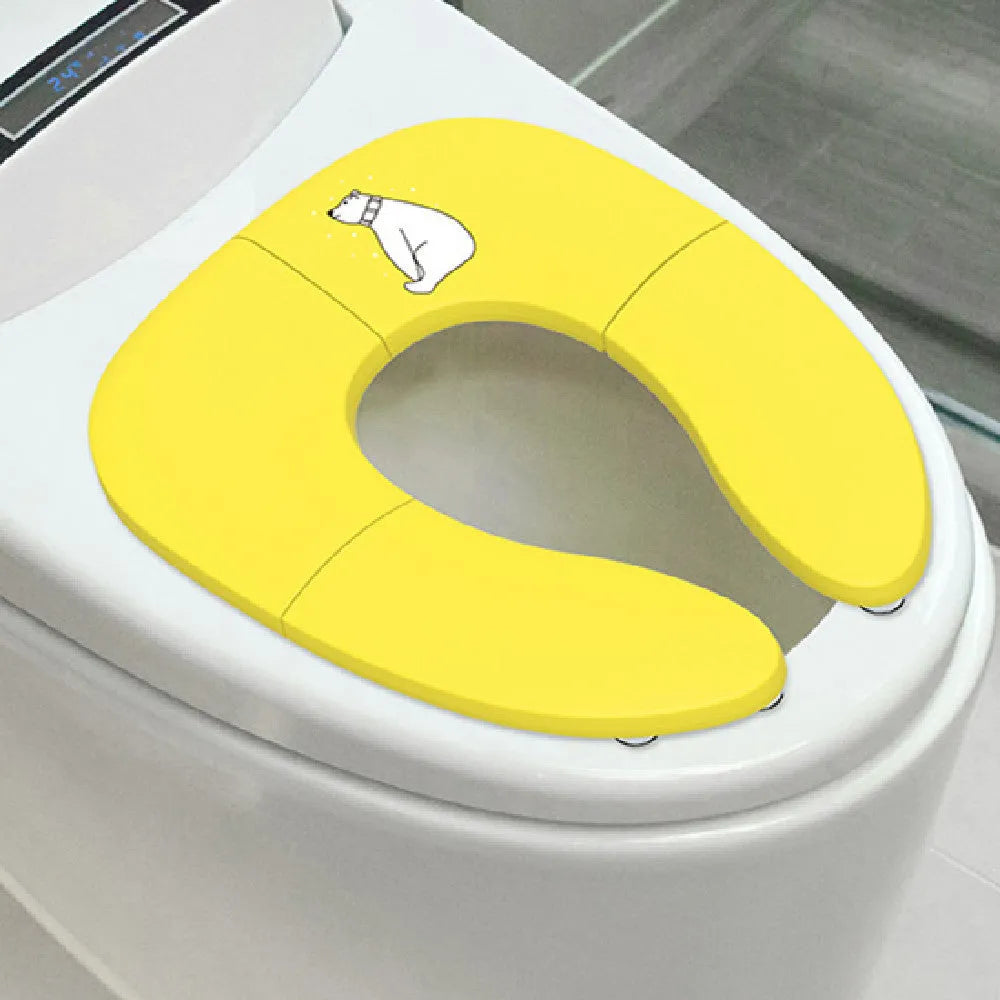 Foldable baby travel potty seat in blue with splash guard, shown folded and open on a white background