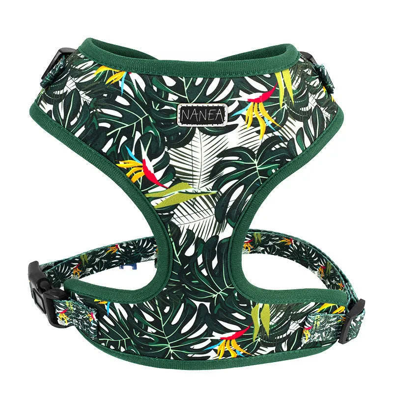 Adjustable cloth dog harness and lead six-piece set showing chest harness, collar, waste bag, bow tie, and scarf.