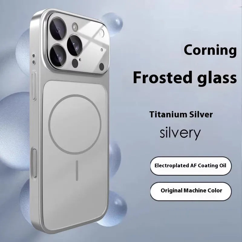 Frosted tempered glass magnetic phone case for iPhone on a table, shown in orange colour.