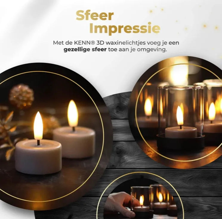 Taupe S10 3D flame LED tealight candles showing realistic flickering light effect.