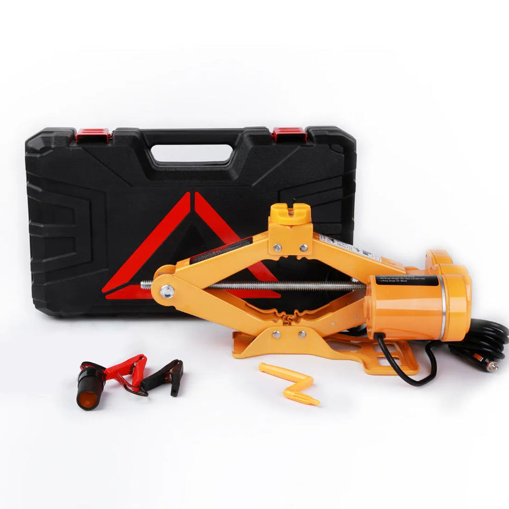 Hydraulic electric car jack kit with control box, shown stored in a vehicle boot.