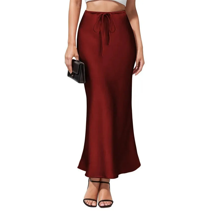 Asymmetric acetate satin skirt with high waist and irregular stitching in multiple colour options