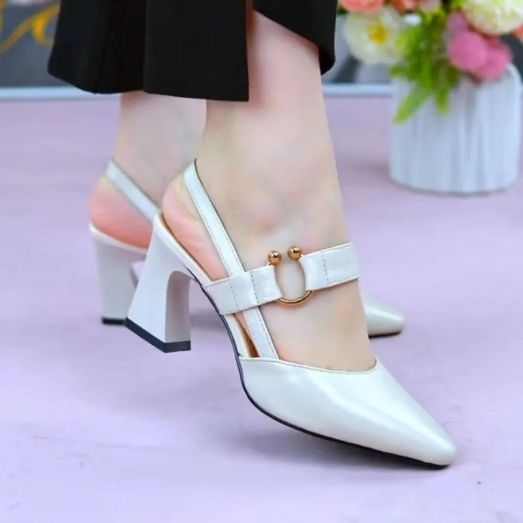 Women's black leather high-heeled sandals with a closed pointed toe and a chunky rubber heel.