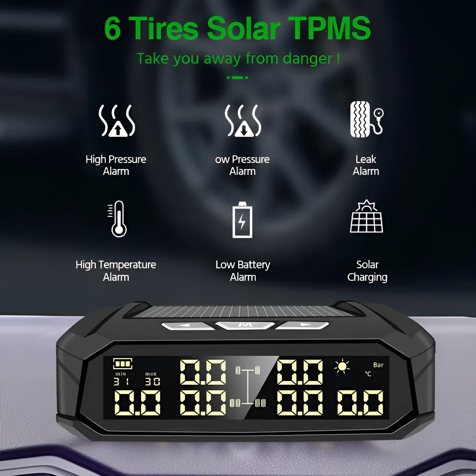 Solar-powered external tyre pressure monitor with colour screen for six-wheel trucks and RVs.