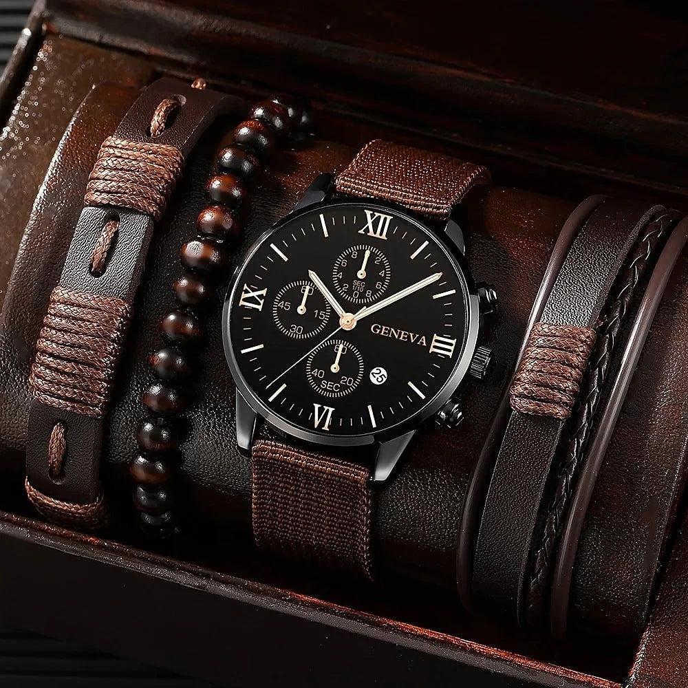 Men's canvas quartz watch and bracelet set with three eye dial, 11mm thick, shown with three bracelets and gift box