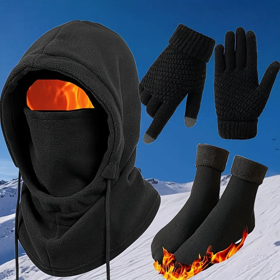 Black polyester winter hat gloves socks set including tapered hat and two pairs of socks
