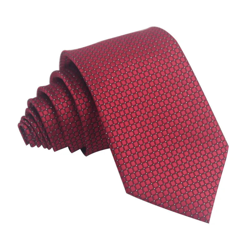 Men's striped jacquard business tie in red, showing arrow head shape and 8cm width.
