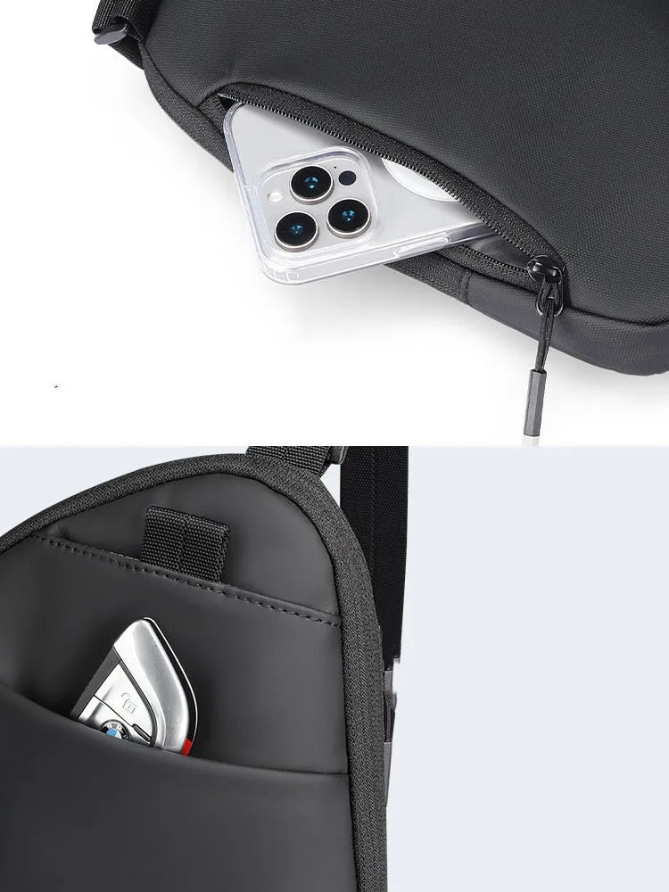 Men's black Oxford cloth crossbody bag with reinforced stitching