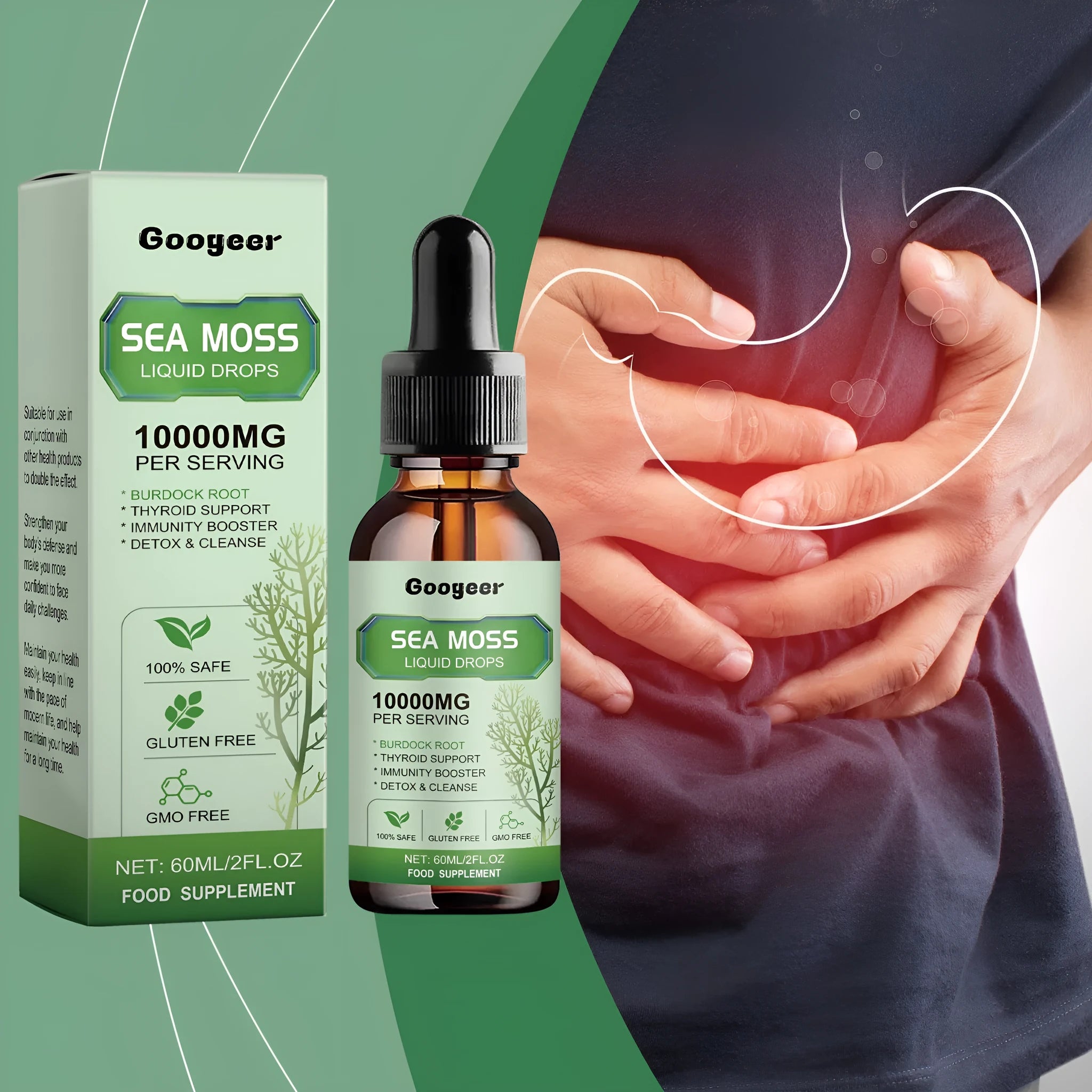 60ml bottle of sea moss liquid drops for body treatment, 3.3x3.3x12 cm