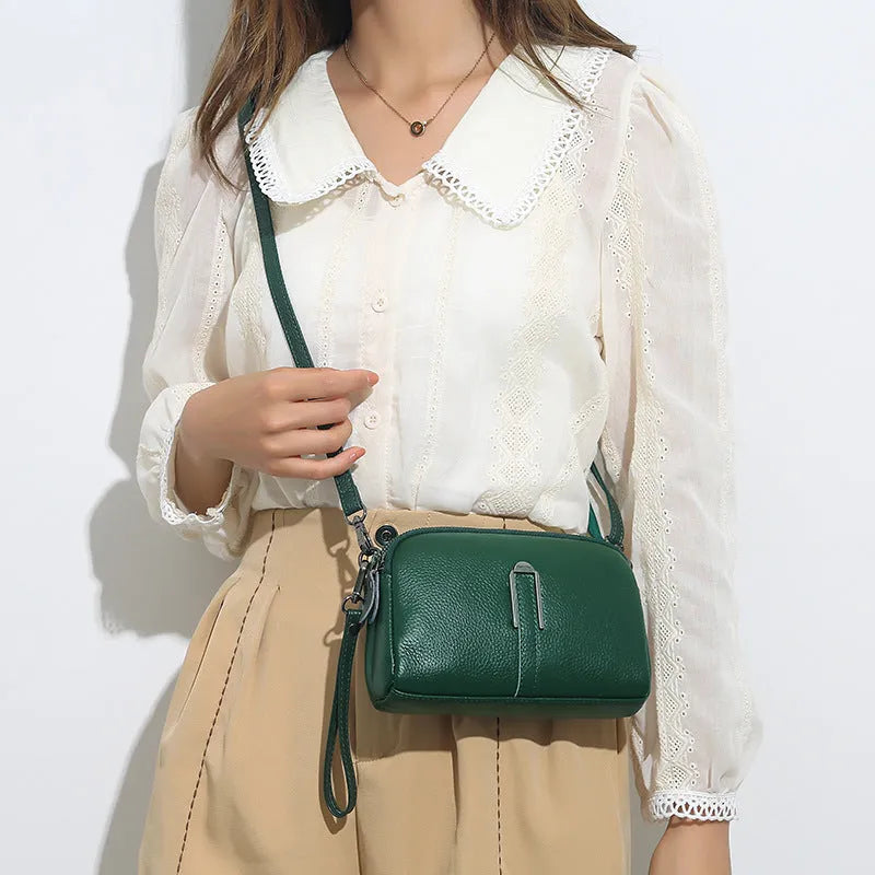 Genuine leather ladies shoulder bag in a horizontal square shape, shown in dark khaki colour.