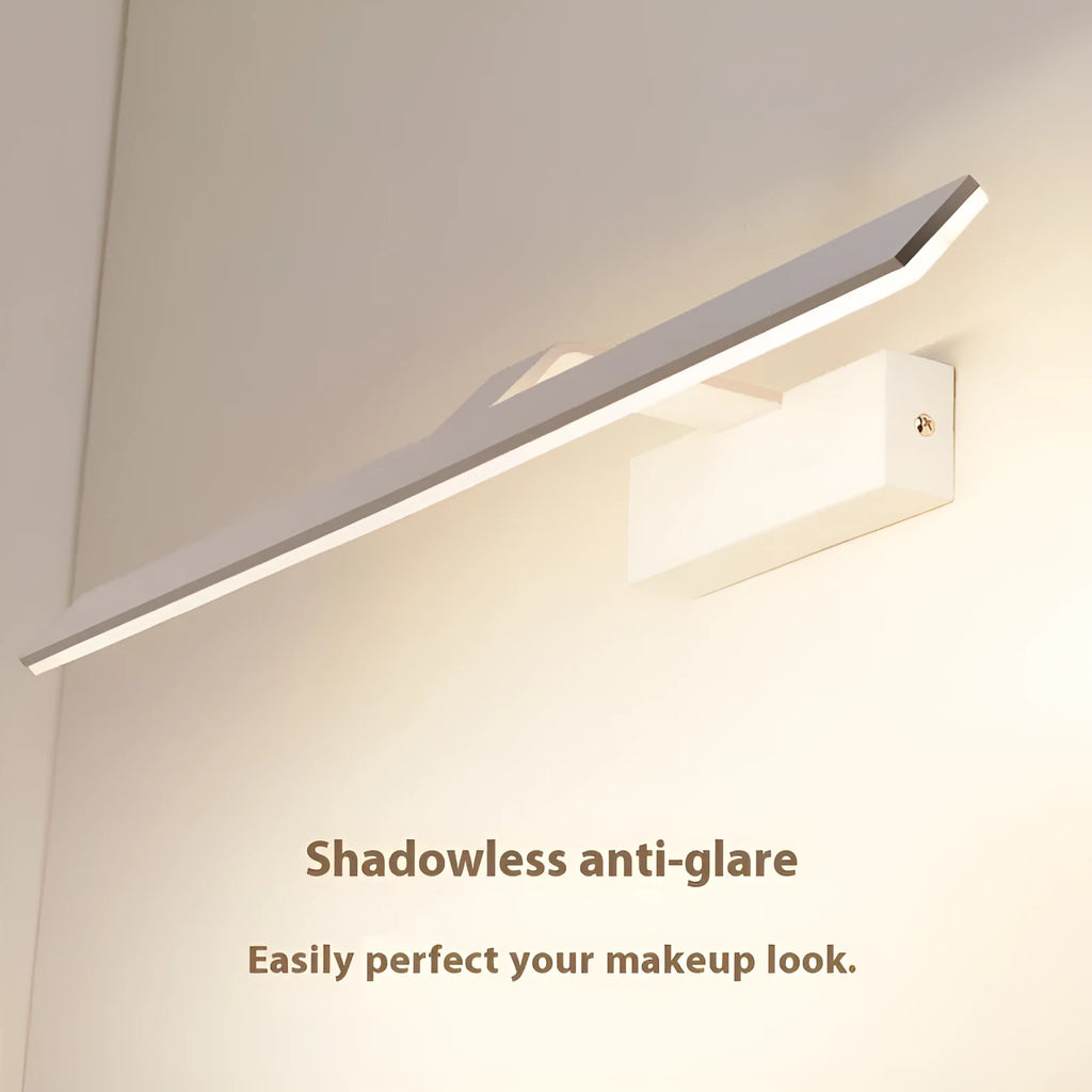 White LED strip light mounted above a bathroom mirror, showing three lighting colour options.