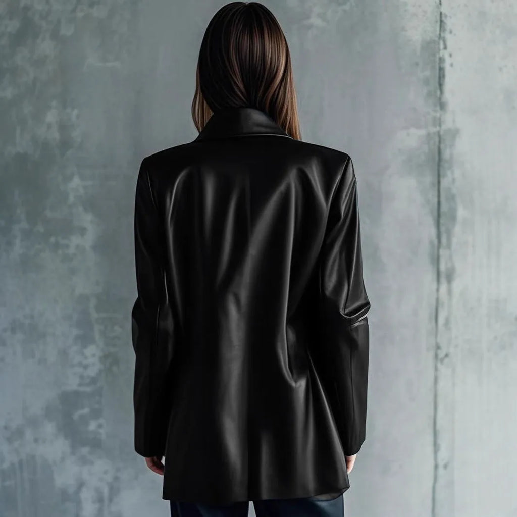 Women's black polyester leather jacket medium length 65cm shown on hanger
