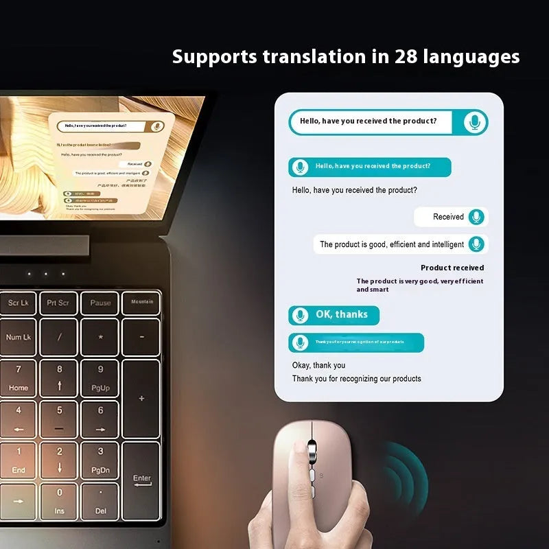 AI voice translation wireless charging mouse in gold with 2000DPI optical sensor and five buttons
