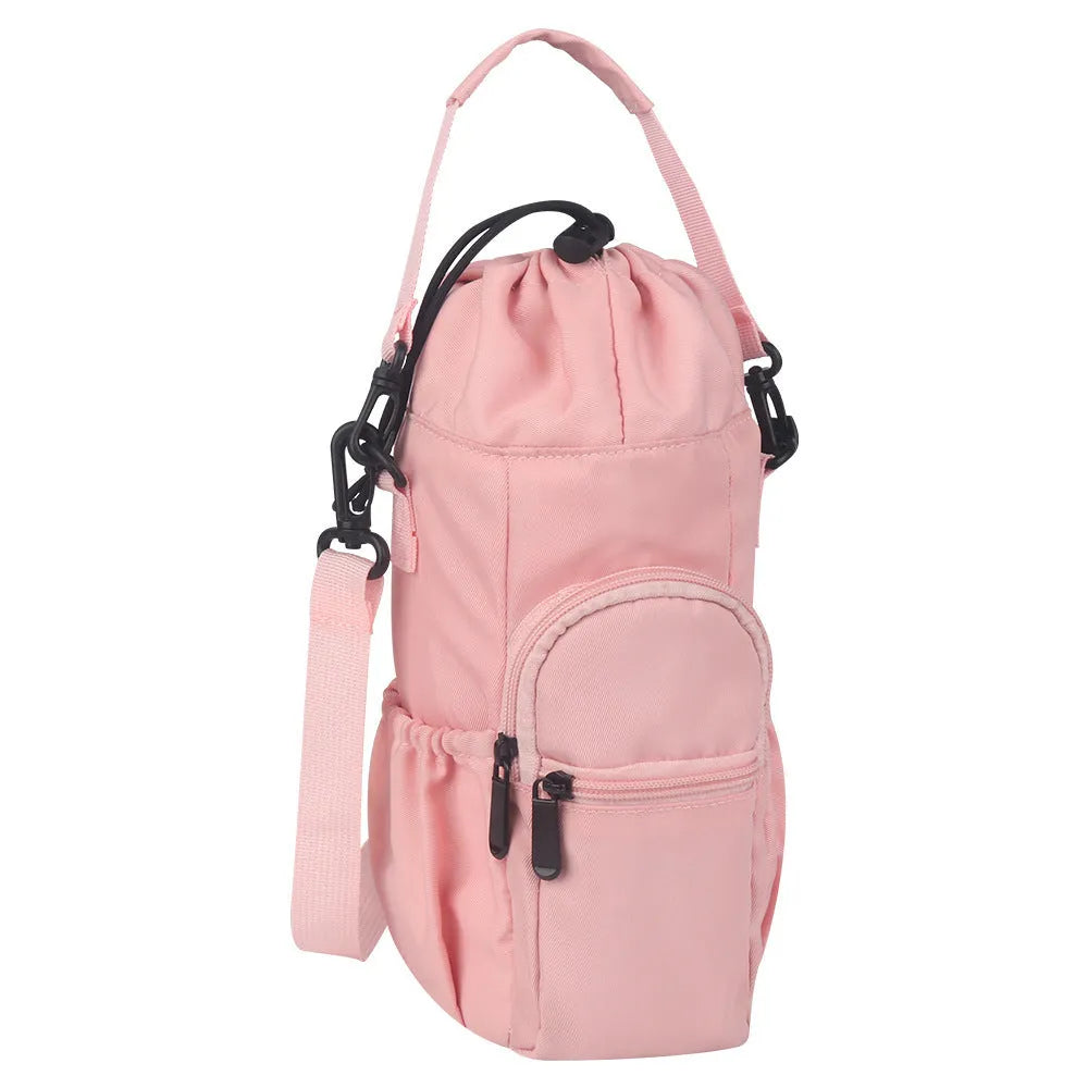 Cloth water bottle shoulder bag with adjustable crossbody strap in black, green, or pink