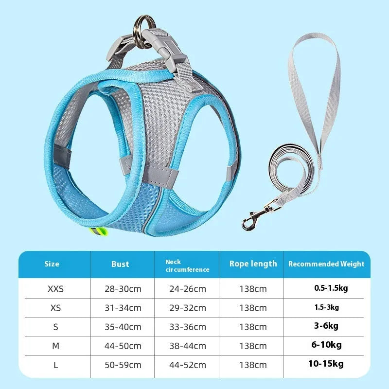 Reflective vest-style dog harness in breathable polyester with adjustable straps and rope leash