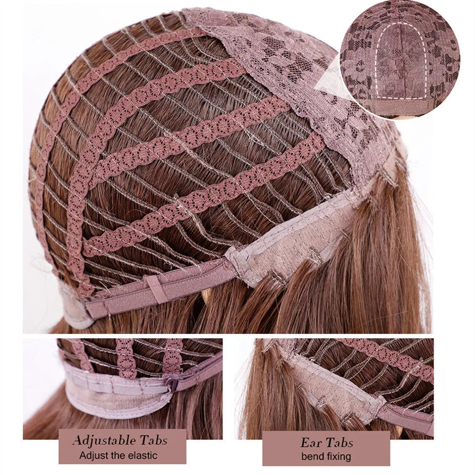 Plant green straight hair wig with bangs on a display head, Qi bangs feature, colour LC4771